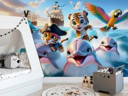 Dolphins and Little Pirates in the Blue Ocean