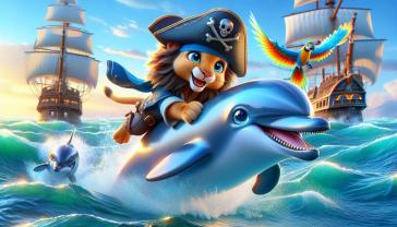 Fotomurales Habitación Infantil - Delfín y León Pirata en el Océano Azul