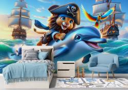 Dolphin and Pirate Lion in the Blue Ocean