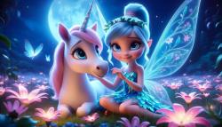 Papier Peint Chambre Enfant - Fée et Licorne dans la Forêt Magique au Clair de Lune