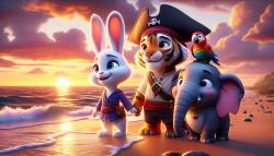 Papier Peint Chambre Enfant - Coucher de Soleil sur la Plage Secrète des Petits Pirates