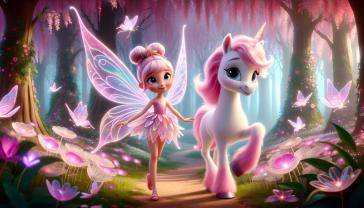 Murais de Parede Quarto Infantil - Fadinha e Unicórnio no Bosque Cor-de-Rosa