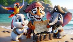 Fototapet Børneværelse - Tiger, Elefant og Lille Kanin med Piratkortet
