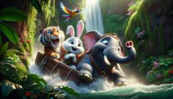Kids' Room Wall Murals - Tiger, Elephant and Bunny at the Tropical Waterfall