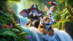 Murais de Parede Quarto Infantil - Cascata na Floresta Tropical com Animais da Selva