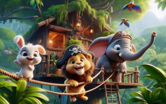Fotomurales Habitación Infantil - Tiernos Animales de la Selva en la Casa del Árbol