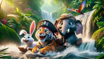 Papier Peint Chambre Enfant - Jeux dans la Jungle avec Tigre, Éléphant et Lapin Blanc