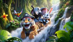 Fotomurali per Cameretta Bambini - Giochi alla Cascata con Tigre, Elefante e Coniglietto