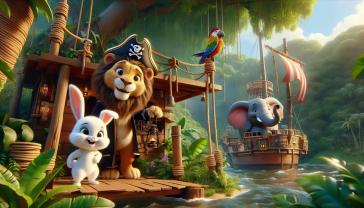 Fototapet Børneværelse - Træhytte i den Tropiske Jungle med Pirattema