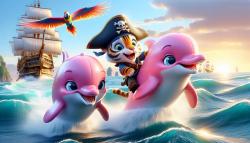 Kids' Room Wall Murals - Pink Dolphins in the Blue Ocean with a Pirate Theme