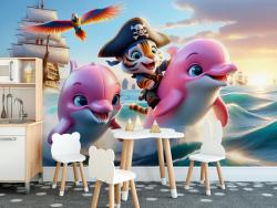 Pink Dolphins in the Blue Ocean with a Pirate Theme