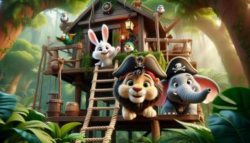 Fotomurali per Cameretta Bambini - Animali della Giungla nella Casetta sull’Albero a Tema Pirata