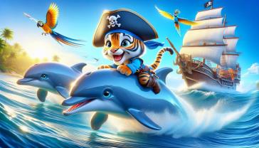 Fototapet Barnerom - Delfiner og Liten Tiger på et Gøyalt Pirateventyr