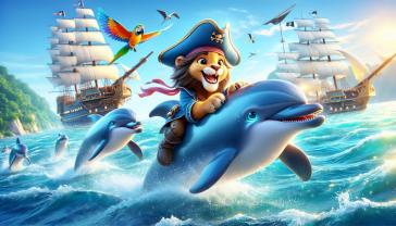 Fotobehang Kinderkamer - Dolfijnen en Kleine Piratenleeuw Avontuur op Zee