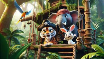 Fotomurales Habitación Infantil - Tigre, Elefante y Conejito en la Casa del Árbol Pirata
