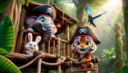 Kids' Room Wall Murals - Tiger, Elephant, and Little Bunny in the Pirate Hut
