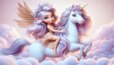 Fotomurales Habitación Infantil - Hada de Alas Doradas con el Unicornio Blanco y Lila