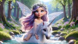 Kids' Room Wall Murals - White Unicorn and the Forest Flower Fairy