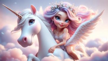 Kids' Room Wall Murals - Fairy and Flying White Unicorn in the Fluffy Clouds