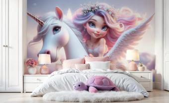 Fairy and Flying White Unicorn in the Fluffy Clouds