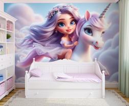 Fairy and Unicorn Galloping on Pink Clouds