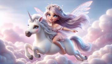Kids' Room Wall Murals - Fairy and Unicorn Galloping on Pink Clouds