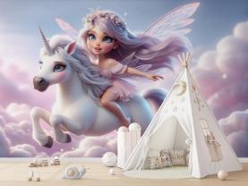 Fairy and Unicorn Galloping on Pink Clouds