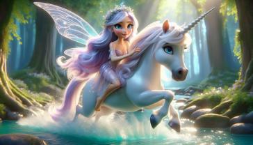 Kids' Room Wall Murals - Fairy and White Unicorn in the Stream of the Enchanted Forest
