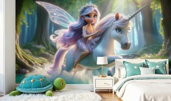 Fairy and White Unicorn in the Stream of the Enchanted Forest