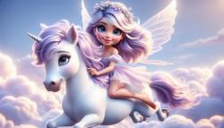 Kids' Room Wall Murals - Sweet Fairy and Her Unicorn Galloping in the Clouds