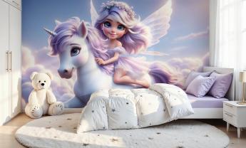 Sweet Fairy and Her Unicorn Galloping in the Clouds
