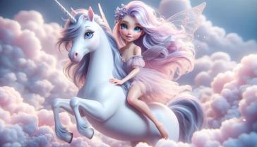 Kids' Room Wall Murals - White Unicorn and Fairy in Pink Clouds