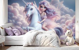 White Unicorn and Fairy in Pink Clouds