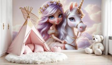 Fairy with Golden Wings and White Unicorn