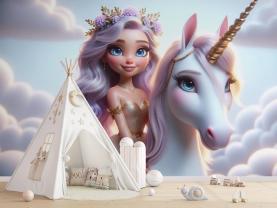 Sweet Princess with a Golden Tiara and Her Unicorn