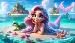 Kids' Room Wall Murals - Lovely Mermaid and Sea Turtle on the Turquoise Beach