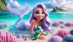Kids' Room Wall Murals - Adorable Mermaid with Lilac Tail on the Tropical Beach