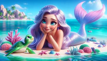 Kids' Room Wall Murals, Posters and Canvas - Adorable Mermaid with Lilac Tail on the Paradise Beach