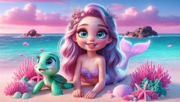 Kids' Room Wall Murals, Posters and Canvas - Lovely Mermaid with Pink Tail on the Turquoise Beach