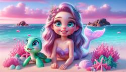 Kids' Room Wall Murals - Lovely Mermaid with Pink Tail on the Turquoise Beach