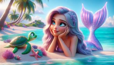 Kids' Room Wall Murals, Posters and Canvas - Magical Mermaid with Lilac Tail on the Tropical Beach
