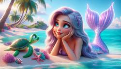 Kids' Room Wall Murals - Magical Mermaid with Lilac Tail on the Tropical Beach