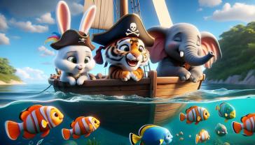 Murais de Parede Quarto Infantil - Elefante, Tigre e Coelhinho no Barco Pirata