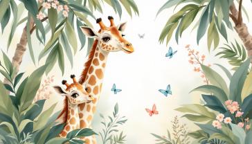 Fotomurali per Cameretta Bambini - Giraffe nella Giungla in Toni Pastello