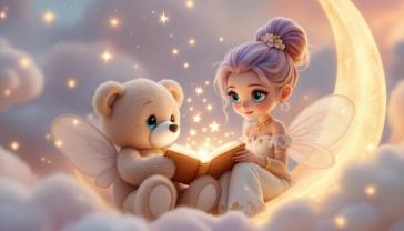 Fotomurali per Cameretta Bambini - Fatina e Orsetto di Peluche sulla Luna Dorata