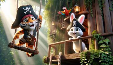 Kids' Room Wall Murals - Tiger and Little Bunny in the Pirate Treehouse