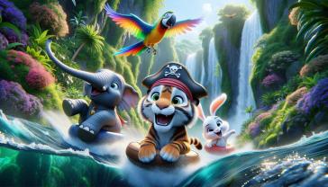 Fotomurali per Cameretta Bambini - Cascata nella Foresta Tropicale con Animali della Giungla