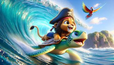 Fotomurali per Cameretta Bambini - Leone Pirata che fa Surf con Tartaruga Marina