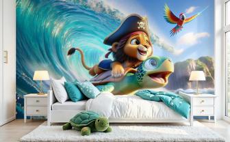 Lion Pirate Surfant avec une Tortue Marine
