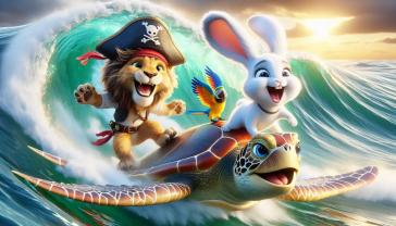 Fotomurali per Cameretta Bambini - Leone e Coniglietto che Fanno Surf con Tartaruga Marina